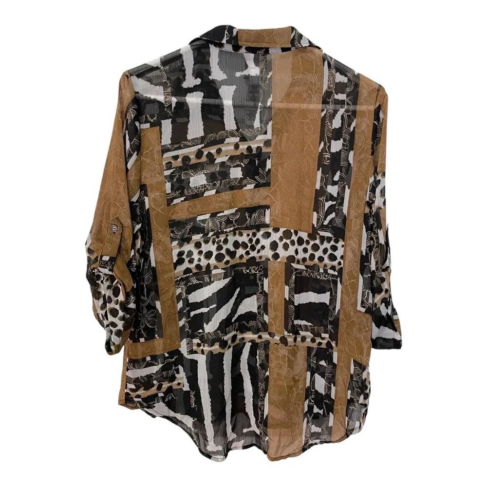 Chicos 1 M Brown Animal Print Button Down Roll Tab Sleeve Safari Mob Wife Blouse - Picture 3 of 10